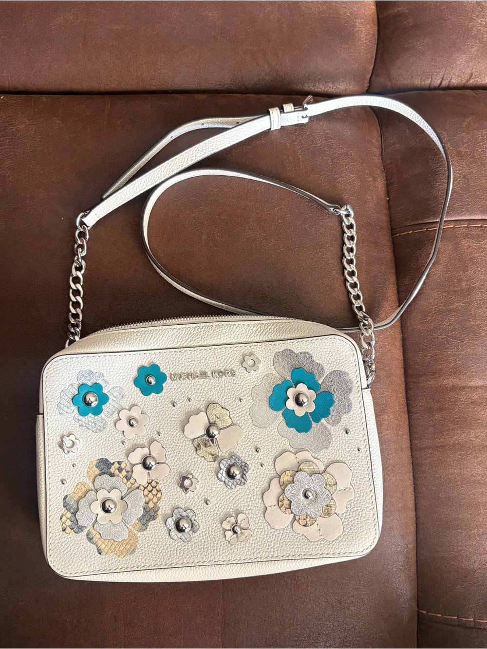 Michael Kors White Floral Applique Crossbody with Turquoise Accents